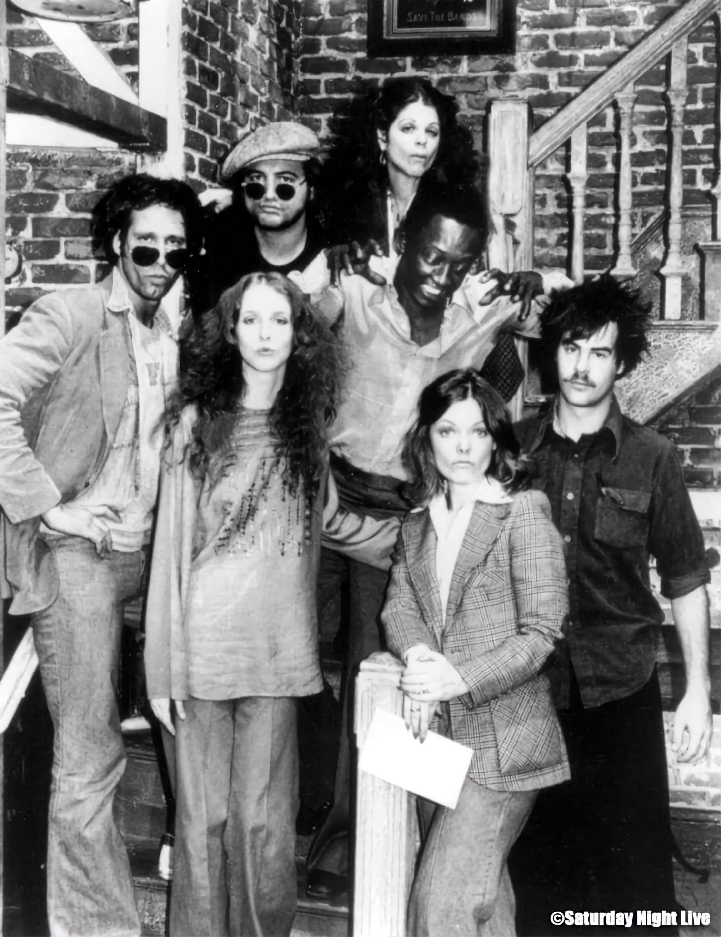 The Cast of the First SNL Show posing at the foot of the stairs in a brick building. www.streamingmovienight.com